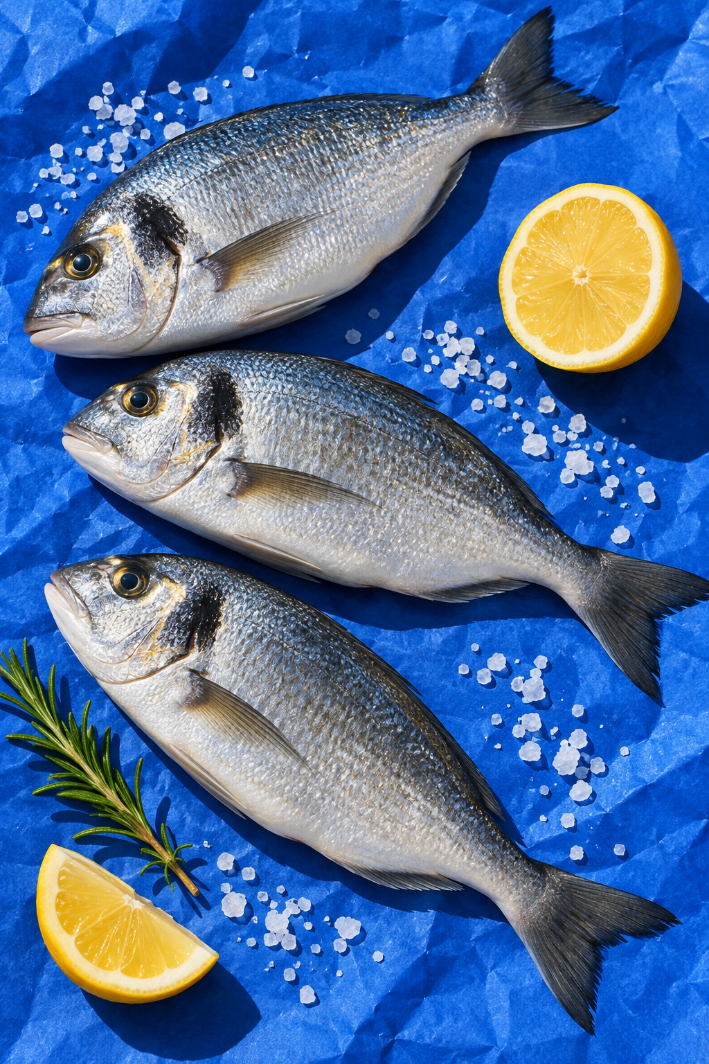 Bodegón conceptual de pescado fresco y limón sobre papel azul