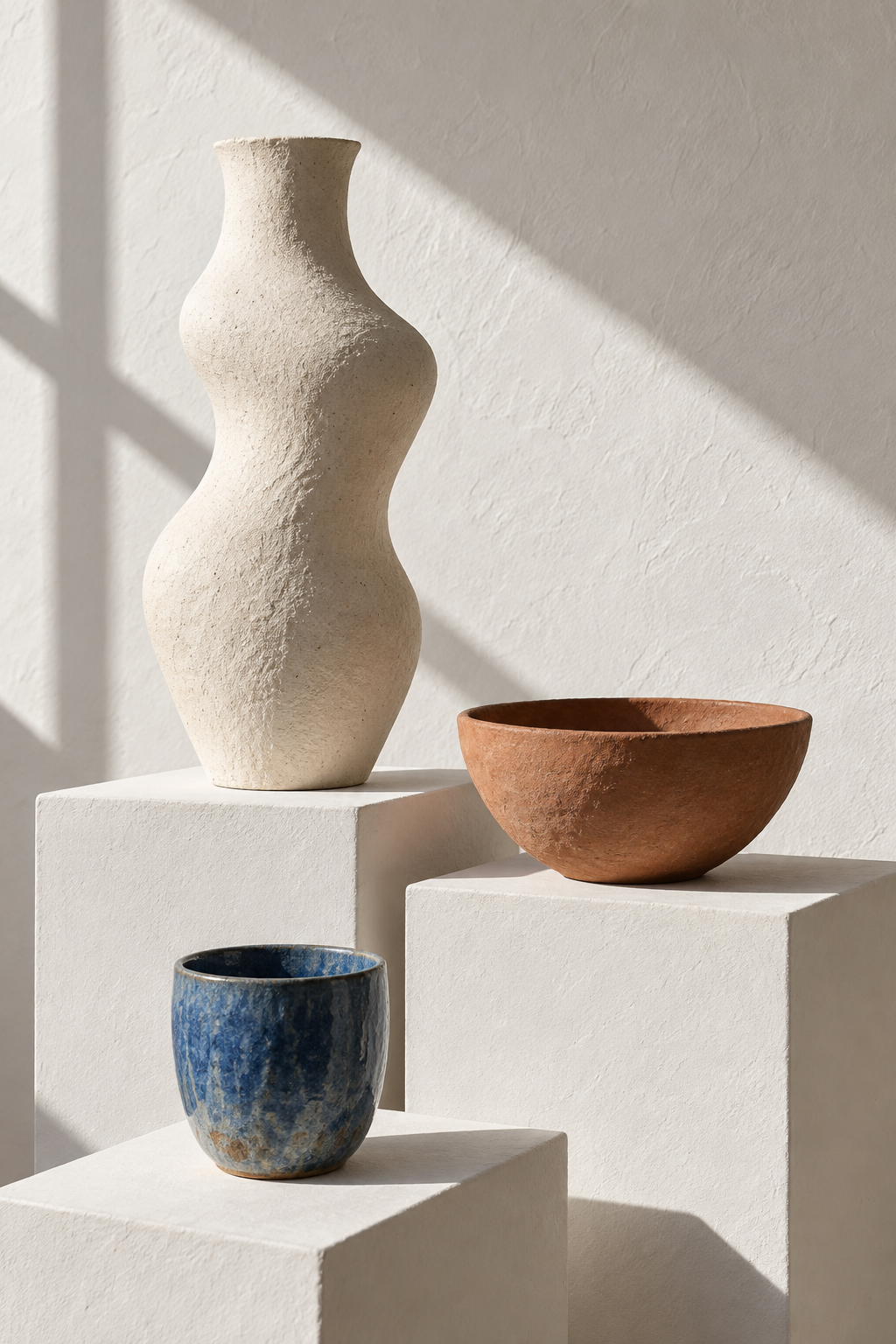 Esculturas cerámicas originales en una composición conceptual de galería